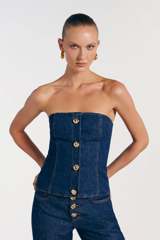 Corset Jeans Com Botões Dourados - Bonne Soirée