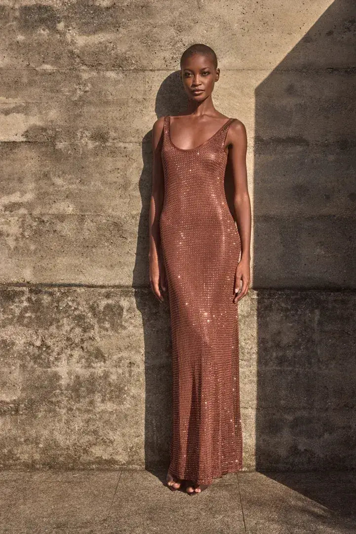Vestido Jordana Tricot Com Cristais Marrom - Bonne Soirée