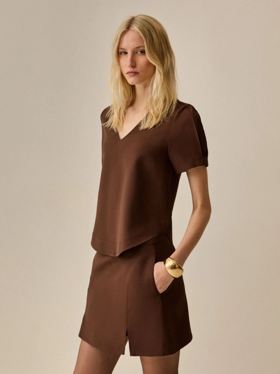 Blusa Mangas Elle Alfaiataria Marrom - Bonne Soirée