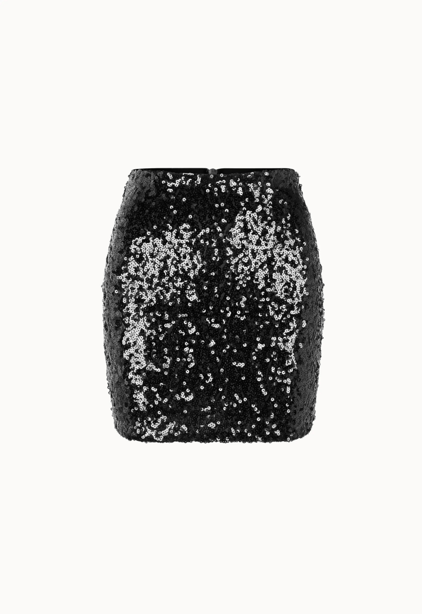 Saia preta paetê festa com brilho intenso, ideal para eventos. Design ajustado ao corpo, trazendo um visual glamouroso e moderno.
