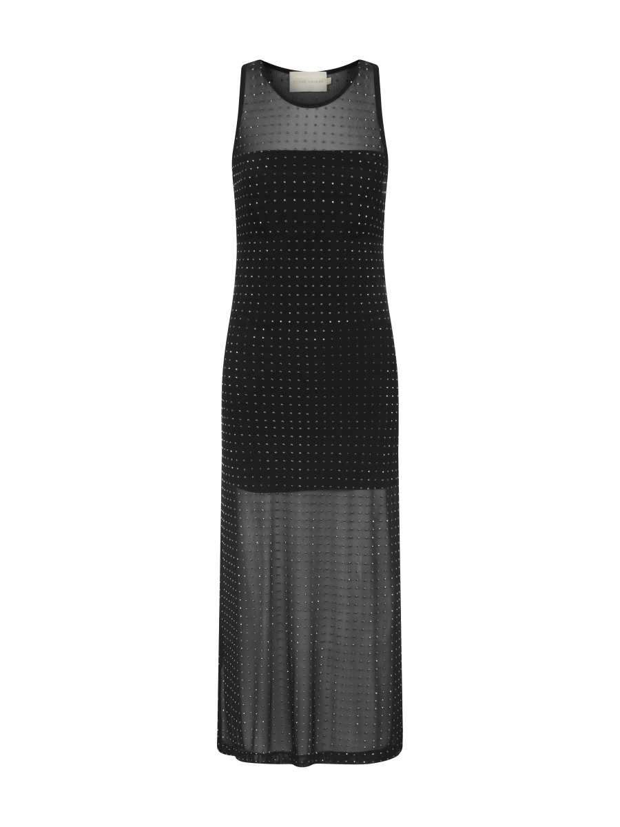 Vestido longo nadador preto, com tecido transparente, aplicações brilhantes por toda a peça e forro curto abaixo da cintura.