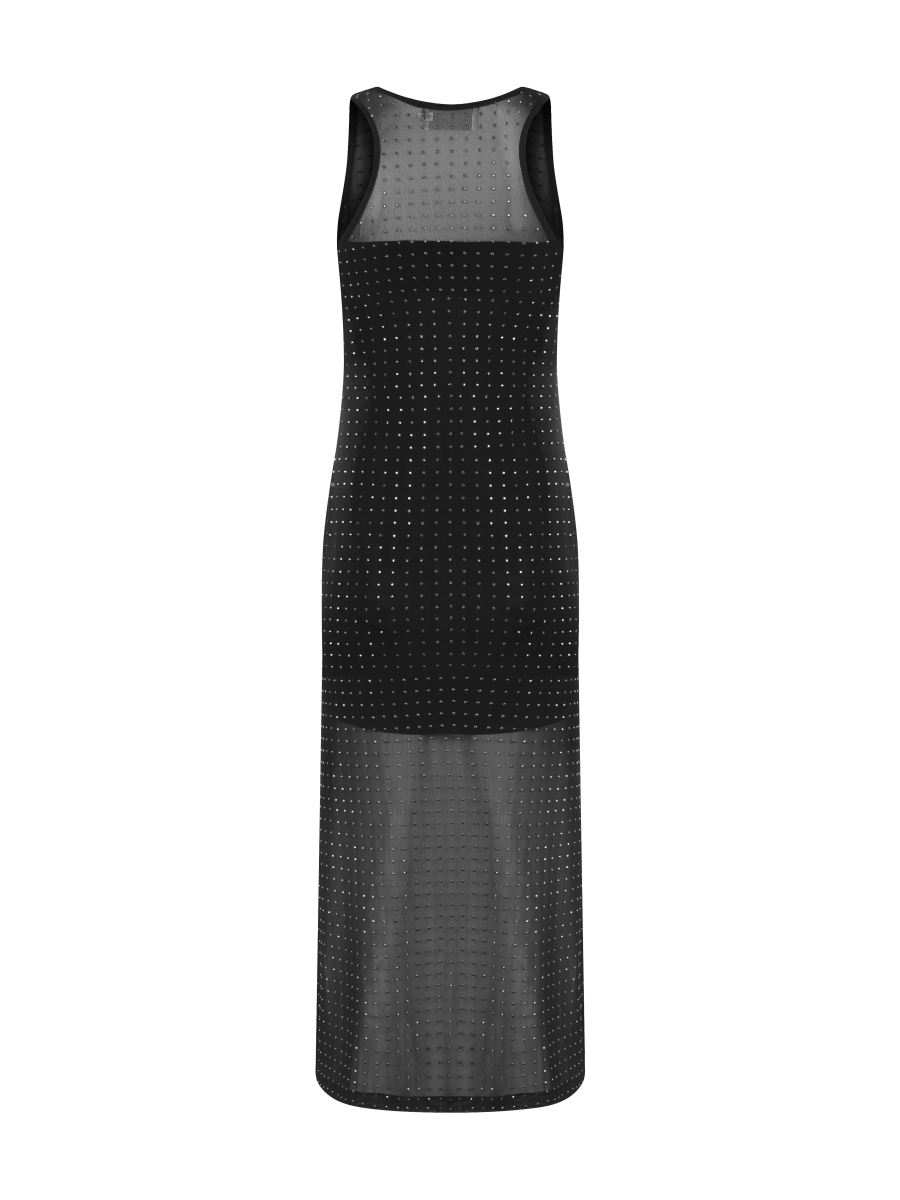 Vestido longo nadador preto , com tecido transparente adornado por pequenas aplicações brilhantes.
