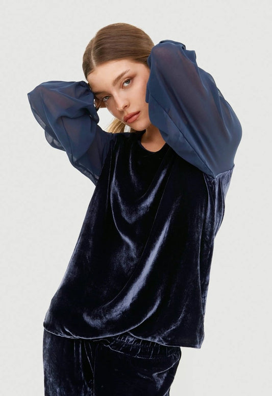 Blusa Maitê Veludo de Seda I24 - Azul - Bonne Soirée