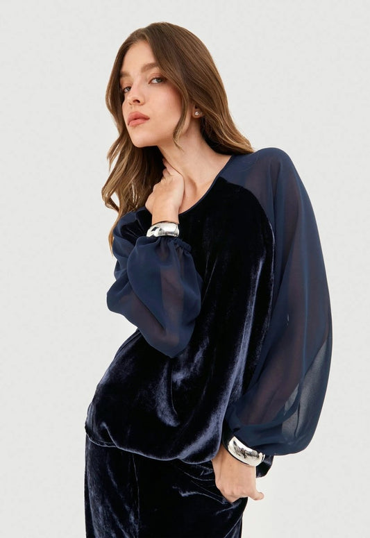 Blusa Maitê Veludo de Seda I24 - Azul - Bonne Soirée