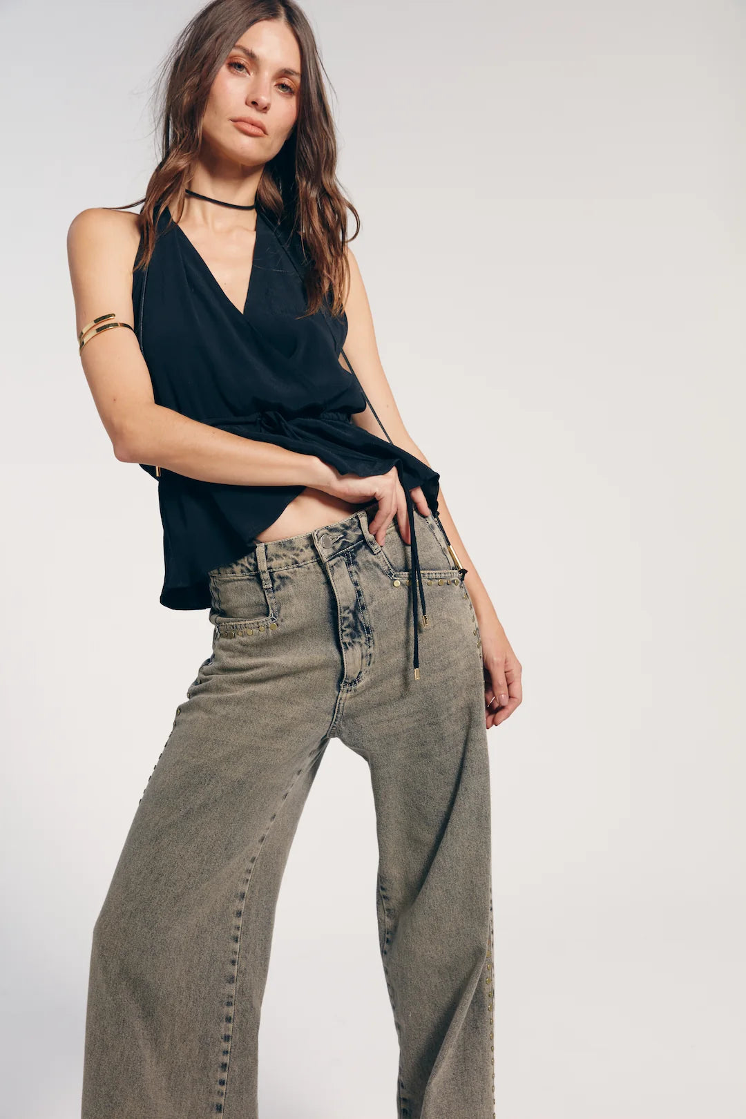 Calça Jeans Tachas Laterais Moss - Bonne Soirée