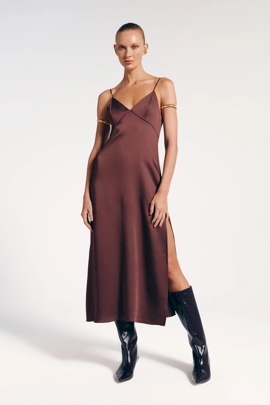 Vestido Midi Marrom Alças Finas Alanis - Bonne Soirée