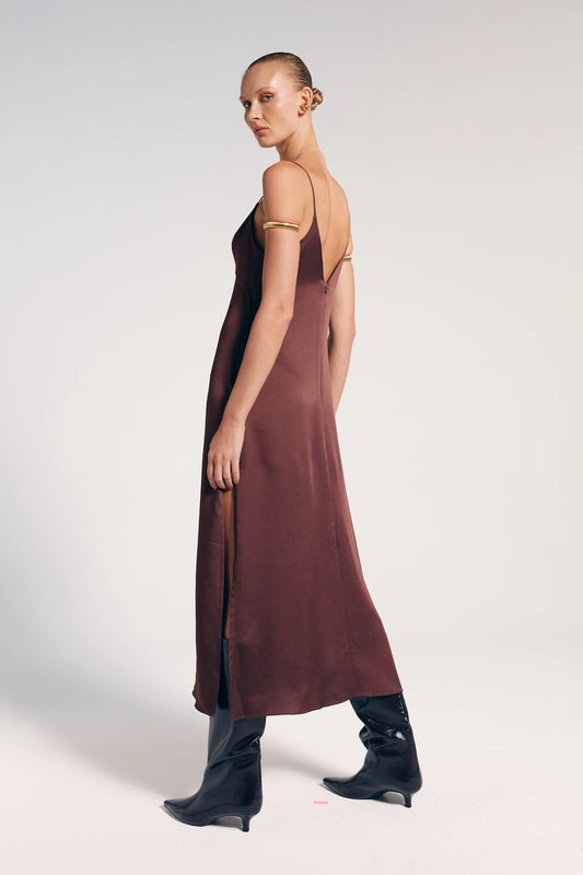 Vestido Midi Marrom Alças Finas Alanis - Bonne Soirée