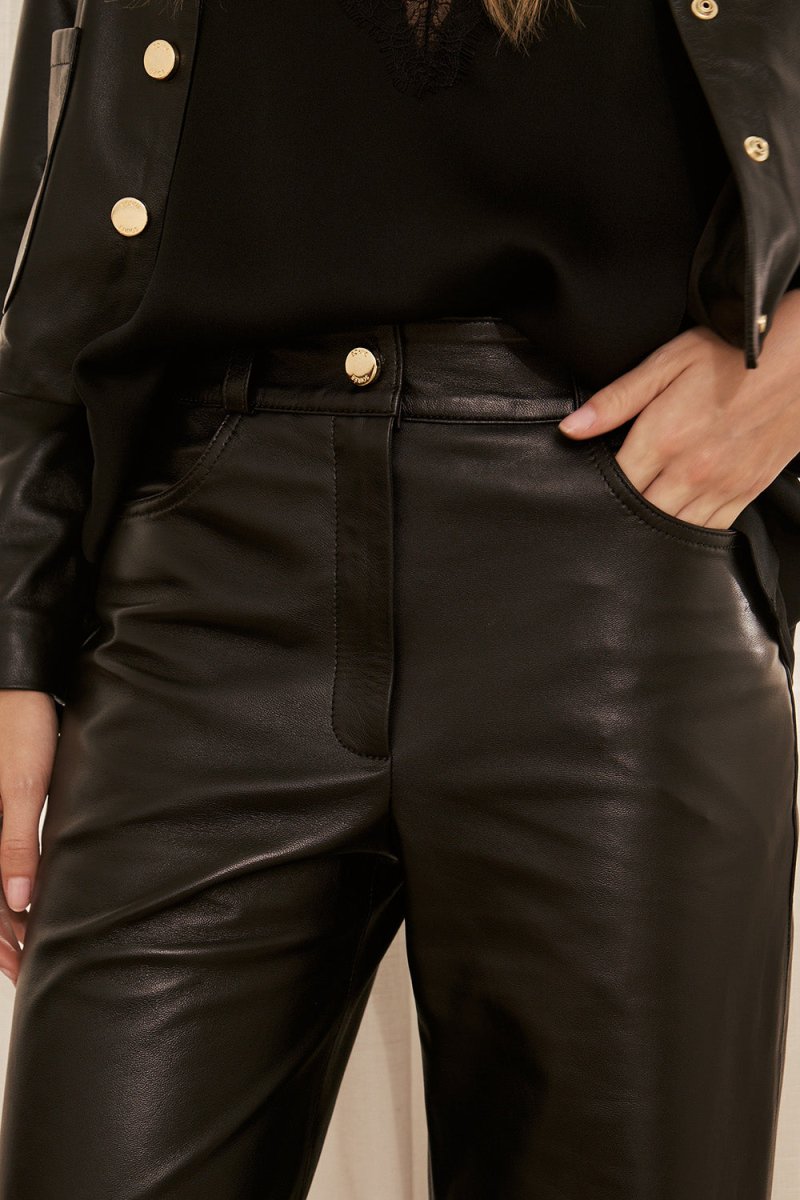 Calça Wide Leg Helene Preto Couro - Bonne Soirée
