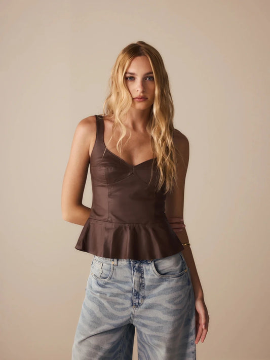 Top Pauline Couro Marrom Café - Bonne Soirée