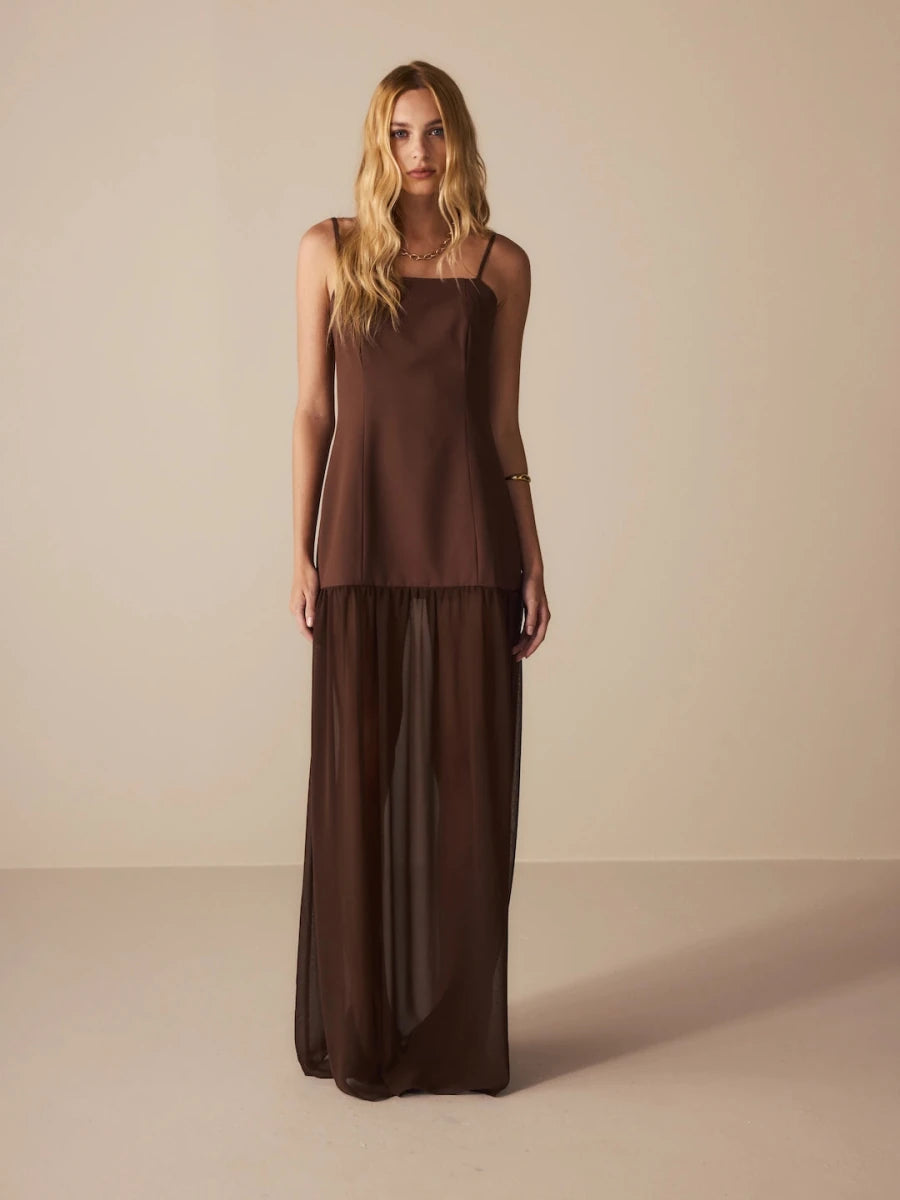 Vestido Lanine Crepe Marrom - Bonne Soirée