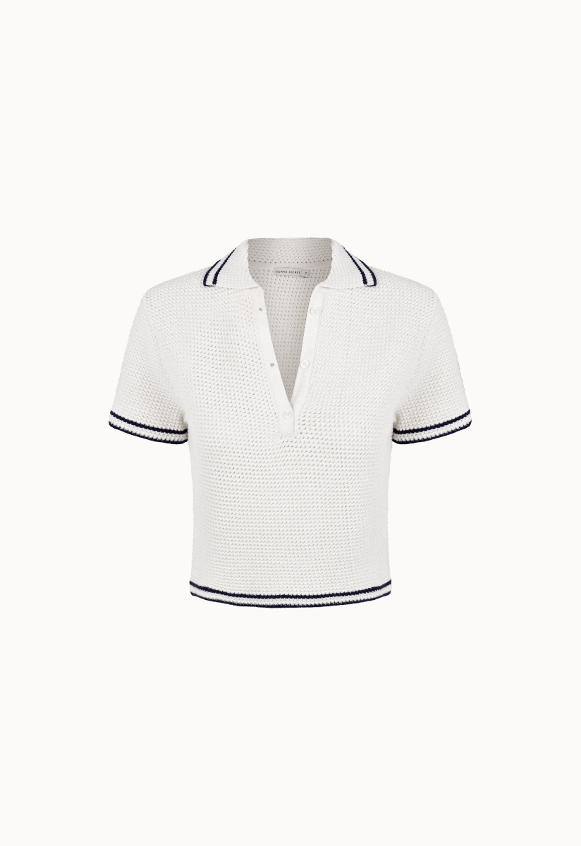 Blusa Polo Tricot - Off White/Marinho - Bonne Soirée