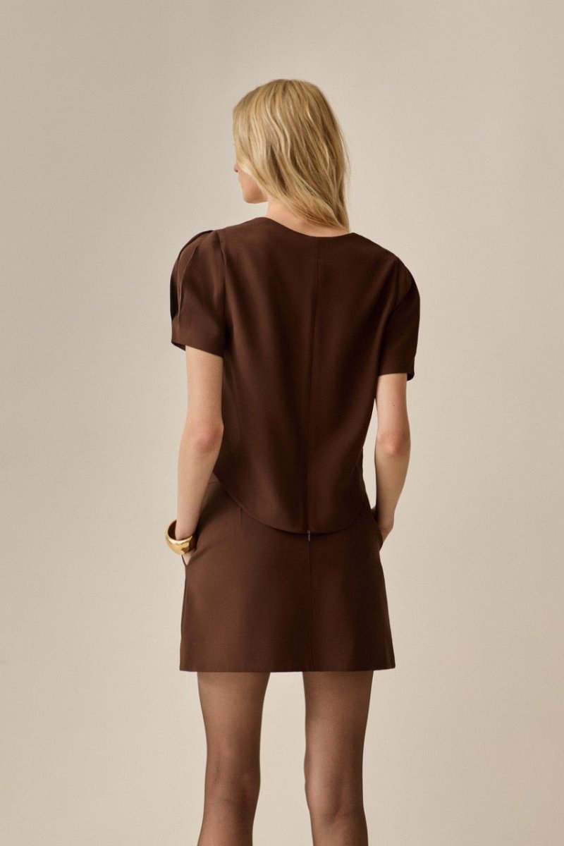 Blusa Mangas Elle Alfaiataria Marrom - Bonne Soirée