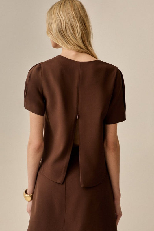 Blusa Mangas Elle Alfaiataria Marrom - Bonne Soirée