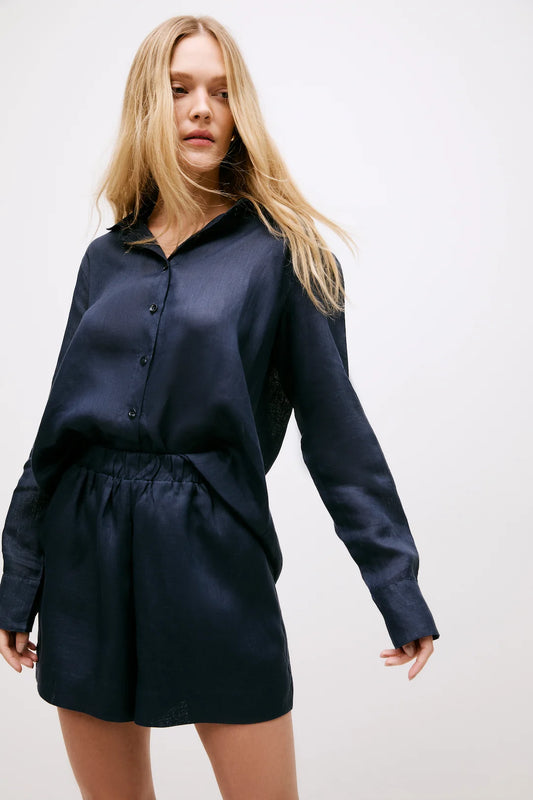 Camisa Sophie Linho Azul Marinho - Bonne Soirée