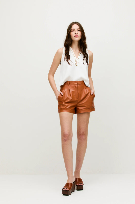 Shorts Belle Couro Marrom Canela - Bonne Soirée