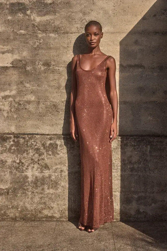 Vestido Jordana Tricot Com Cristais Marrom - Bonne Soirée