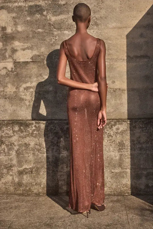 Vestido Jordana Tricot Com Cristais Marrom - Bonne Soirée