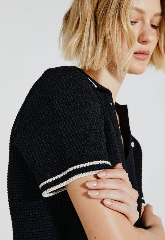 Blusa Polo Tricot - Preto/Off White - Bonne Soirée