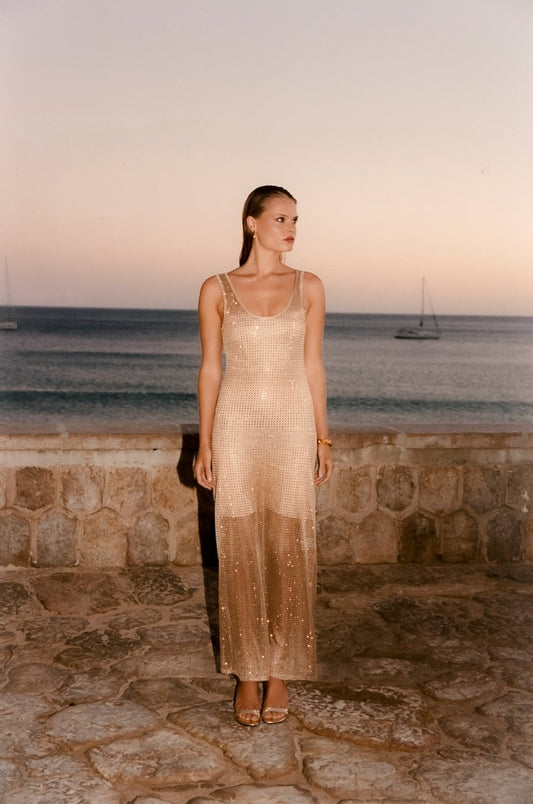 Vestido Jordana Tricot Com Cristais Bege - Bonne Soirée