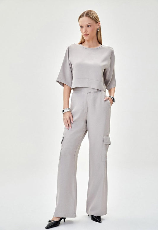 Calça Cargo Crepe Bella - Cinza - Bonne Soirée