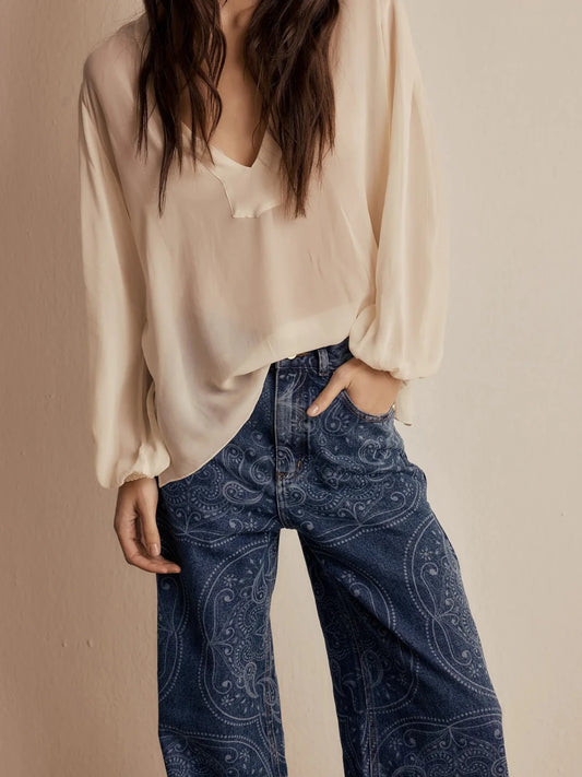 Pré-Venda | Calça Bohème Jeans Paisley Indigo | Entrega a partir de 30/09 - Bonne Soirée
