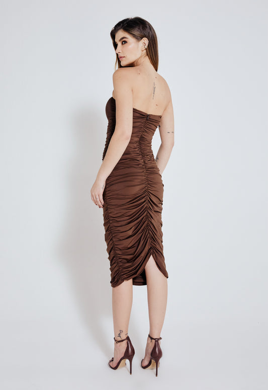 Vestido Drapeado Solene - Marrom