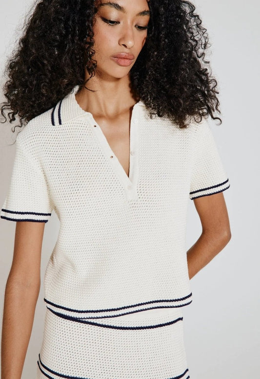 Blusa Polo Tricot - Off White/Marinho - Bonne Soirée