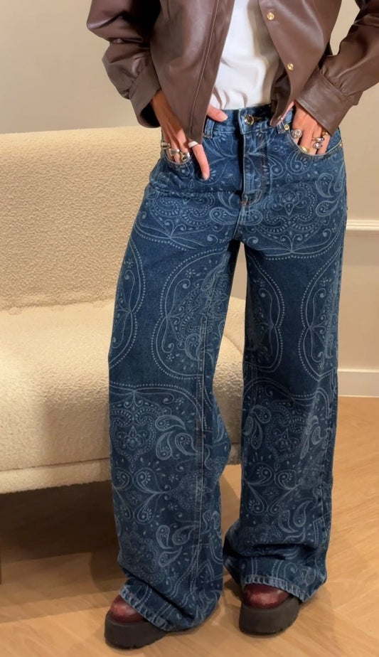 Calça Bohème Jeans Paisley Indigo - Bonne Soirée