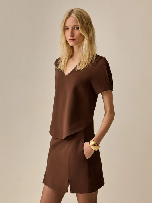Blusa Mangas Elle Alfaiataria Marrom