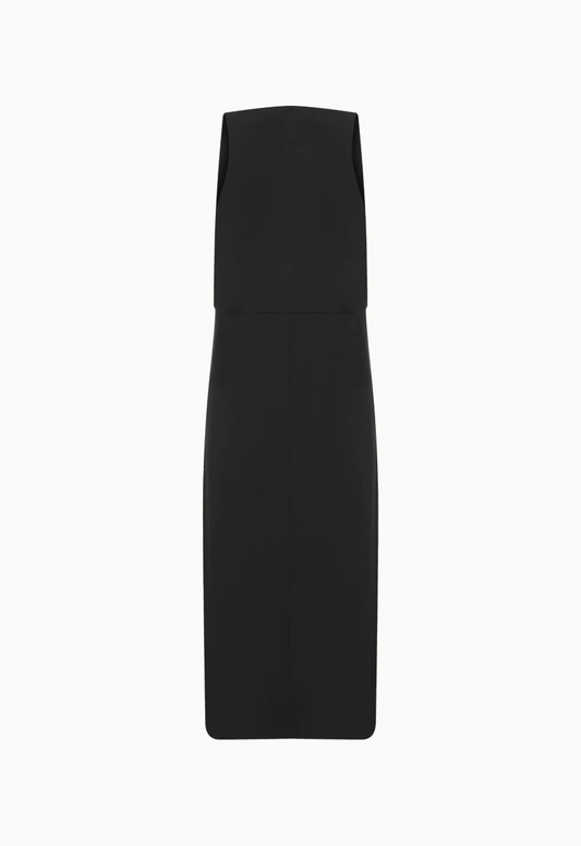 Parte de trás da túnica feminina longa preta, caimento fluido e elegante.