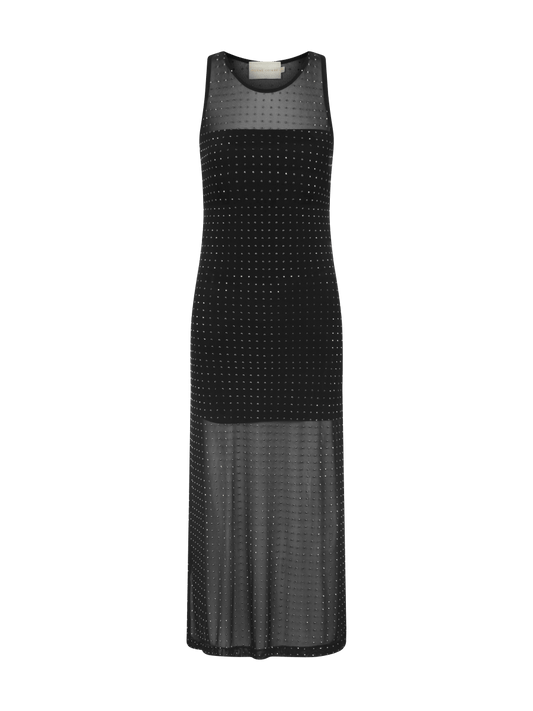 Vestido longo nadador preto, com tecido transparente, aplicações brilhantes por toda a peça e forro curto abaixo da cintura.