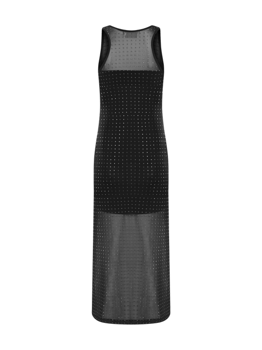 Vestido longo nadador preto , com tecido transparente adornado por pequenas aplicações brilhantes.